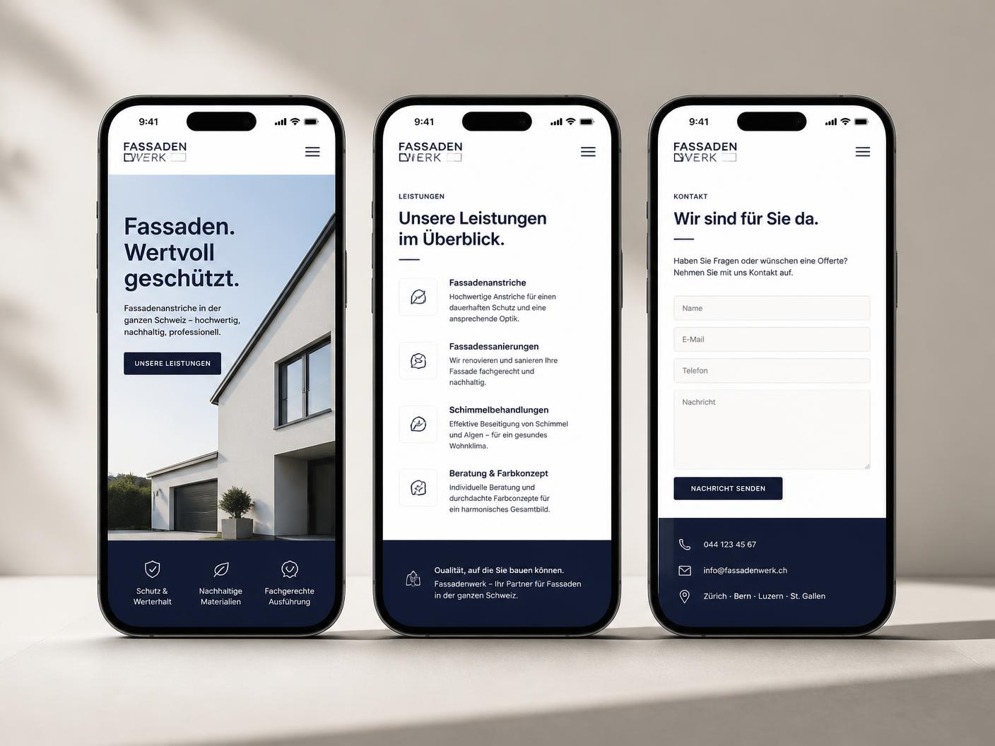 Designbeispiel einer Maler-Website in drei Smartphone-Ansichten